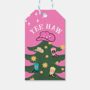 Yee Haw Roze Cowgirl Kerstmis Feestelijke Rodeo Cadeaulabel