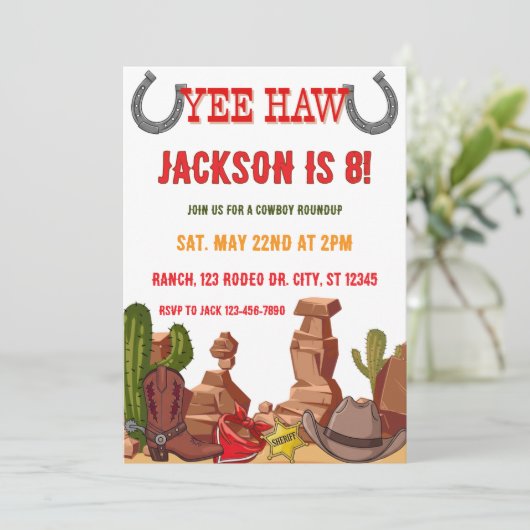 YEEHAW cowboy roundup verjaardagsfeestje Uitnodigi Kaart (Staand voorkant)
