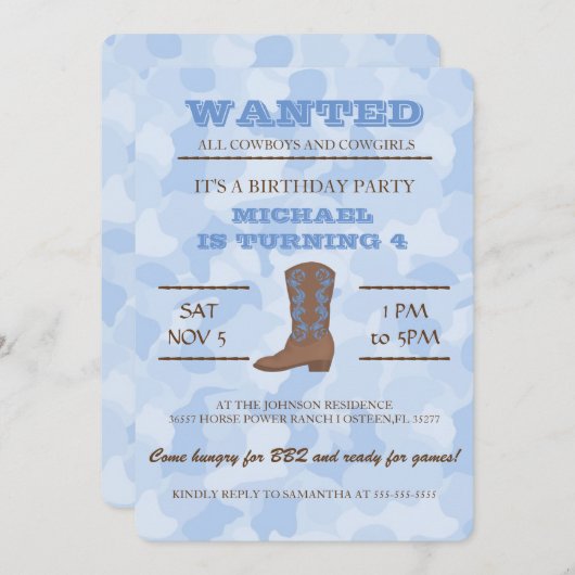 YEEHAW ! Invitation bleue de fête d'anniversaire (Devant / Derrière)