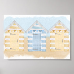 Yellow And Blue Beach Huts Ocean Watercolour Poster