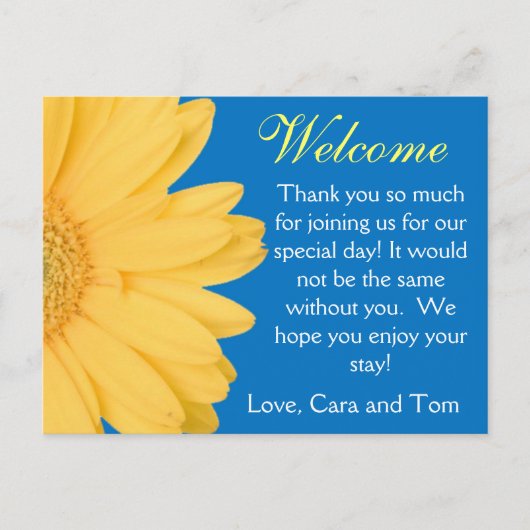 Yellow and Blue Gerber Daisy Wedding Welcome Bag Briefkaart (Voorkant)