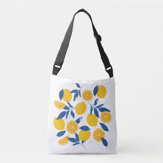 Yellow and Blue Illustrated Lemon Pattern Crossbody Tas (Voorkant)