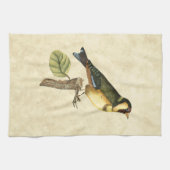 Yellow and Green Bird Perched on a Little Branch Theedoek (Horizontaal)