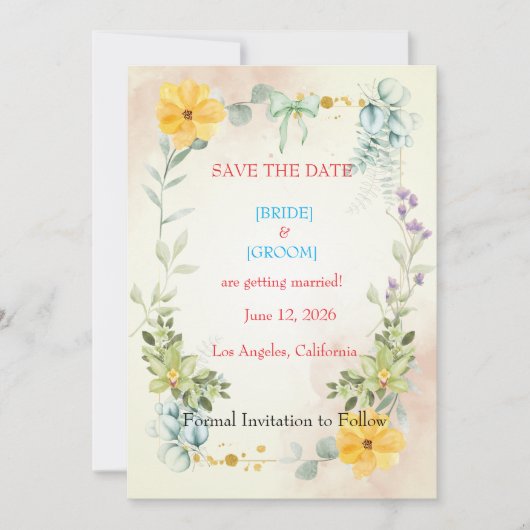 Yellow and Pink Floral Save the Date Card (Devant)