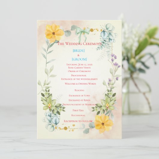 Yellow and Pink Floral Wedding Program Programma (Staand voorkant)