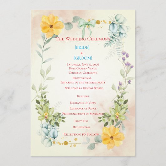 Yellow and Pink Floral Wedding Program Programma (Voorkant)