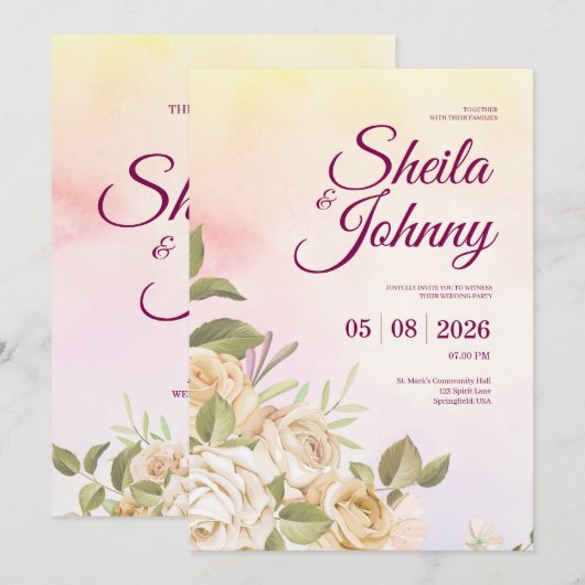 Yellow and Pink Watercolor Elegance Wedding Kaart (Voorkant / Achterkant)