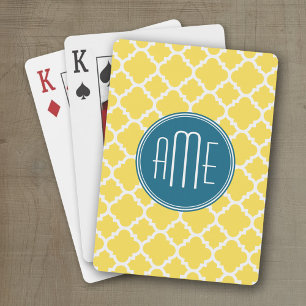 Yellow and Teal Quatrefoil Pattern Custom monogram Speelkaarten