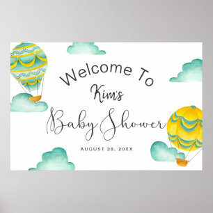 Yellow Aqua Hot Air Balloons Baby shower Welkom Poster