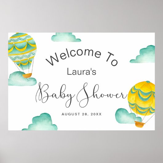 Yellow Aqua Hot Air Balloons Baby shower Welkom Poster (Voorkant)