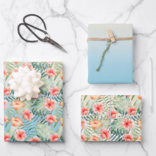 Yellow Aqua Pink Peach Hibiscus Floral Inpakpapier Vel