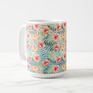  Yellow Aqua Pink Peach Hibiscus Floral   Koffiemok