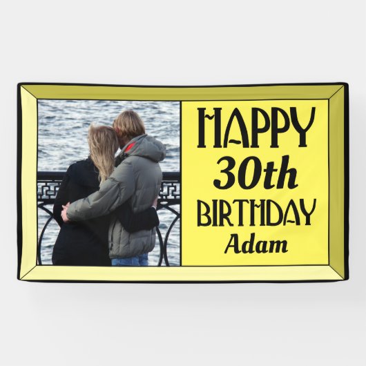 Yellow Art Deco 30th Photo Birthday Spandoek (Horizontaal)