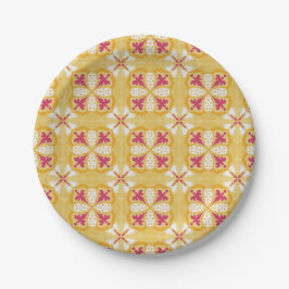 yellow back & symmetrical pink floral pattern  papieren bordje