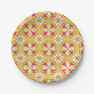 yellow back & symmetrical pink floral pattern  papieren bordje