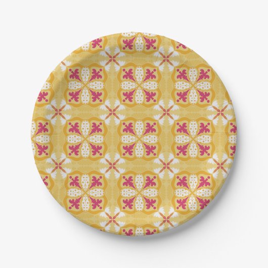 yellow back & symmetrical pink floral pattern  papieren bordje (Voorkant)
