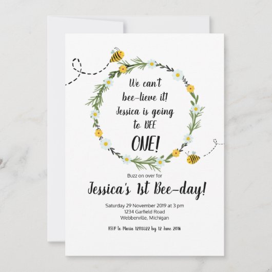 Yellow Bee Rustic 1st Birthday Party Invitation Kaart (Voorkant)