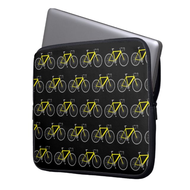Yellow Bicycle On Black Laptop Sleeve (Voorkant Links)