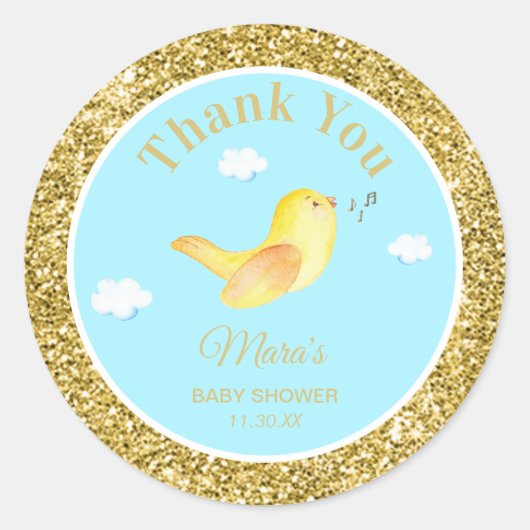 *~* Yellow Birdie Sky Cloud Baby shower Dank u Ronde Sticker (Voorkant)