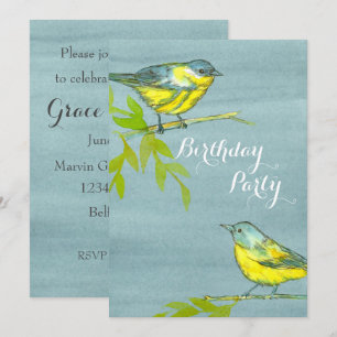 Yellow Birds Gray Birthday Party Invitation Kaart