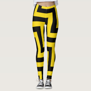Yellow Black Chevron Geometric Dagonal Stripes Leggings