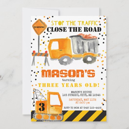 Yellow Black Construction Zone Dump Truck Party Kaart (Voorkant)