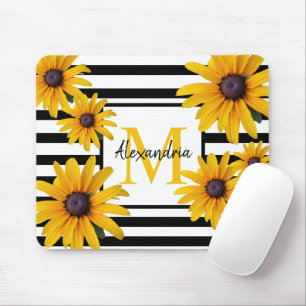 Yellow Black-Eyed Susan Monogram Black Stripe Muismat