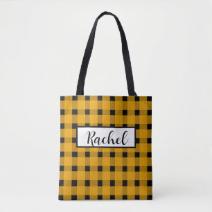Yellow Black Gingham Persoonlijke Canvas tas