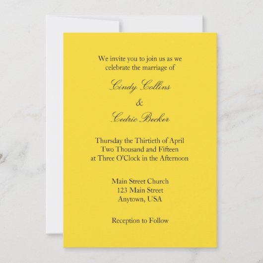 Yellow Black Plain Simple Wedding Invitation Kaart (Voorkant)