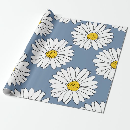 Yellow Blue White Daisy Pattern Cadeaupapier (Uitgerold)