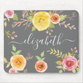 Yellow boho floral waterverf grijs monogram script muismat (Voorkant)