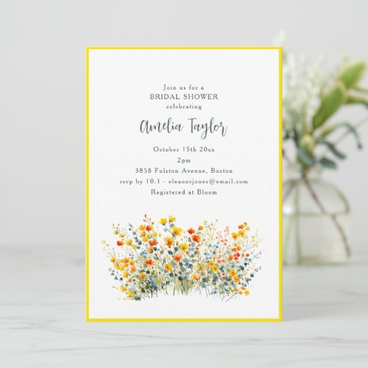 Yellow Border Wildflower Spring Bridal Shower Kaart (Staand voorkant)
