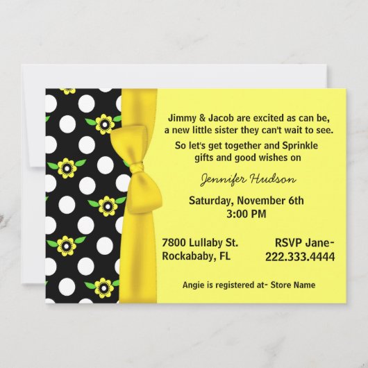 Yellow Bow Baby Sprinkle Shower-uitnodiging Kaart (Voorkant)