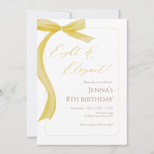 Yellow Bow Eighth Birthday Invitation Kaart (Voorkant)