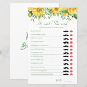 Yellow Bridal Shower Game He Said She Said (Voorkant / Achterkant)