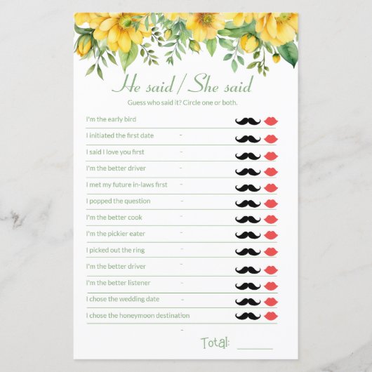 Yellow Bridal Shower Game He Said She Said (Voorkant)