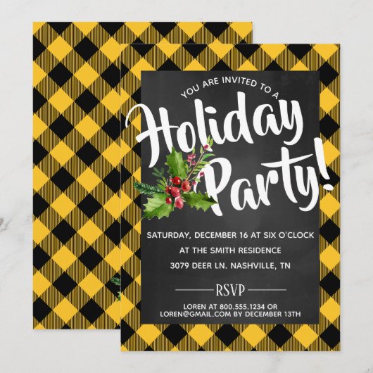 Yellow Buffalo Plaid Holiday Party Uitnodigen Kaart (Voorkant / Achterkant)