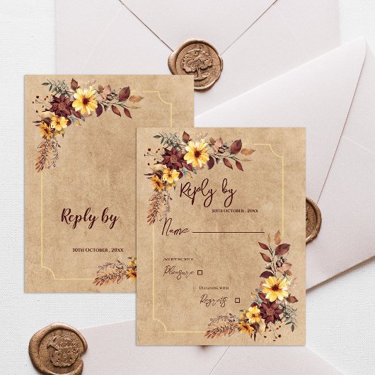 Yellow & Burgundy Floral Autumn Fall Wedding RSVP Kaartje