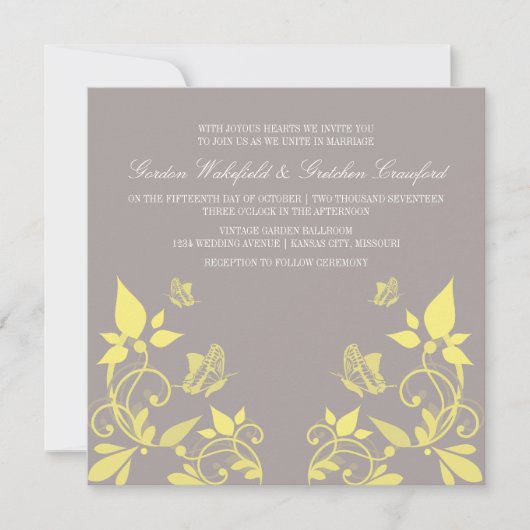 Yellow Butterfly Floral Wedding Invite Kaart (Voorkant)