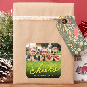 Yellow Cheers Calligraphy Script Photo Holiday Vierkante Sticker