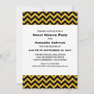 Yellow Chevron Glitter Sweet 16 Party Invite Kaart