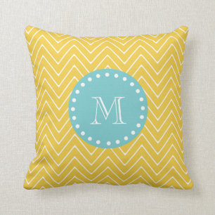 Yellow Chevron Pattern Blauwgroen monogram Kussen