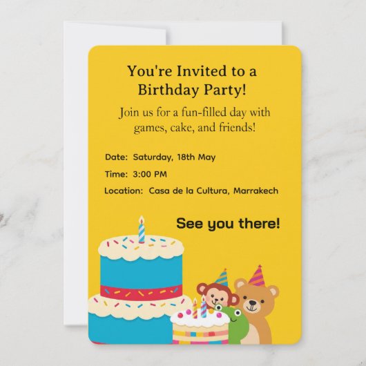 Yellow Childish Birthday Invitation Card – Fun Ki (Voorkant)