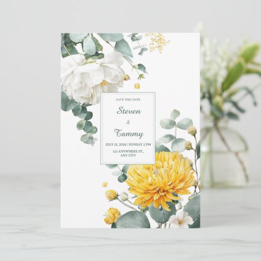 Yellow Chrysanthemum White Peony Eucalyptus Kaart (Staand voorkant)