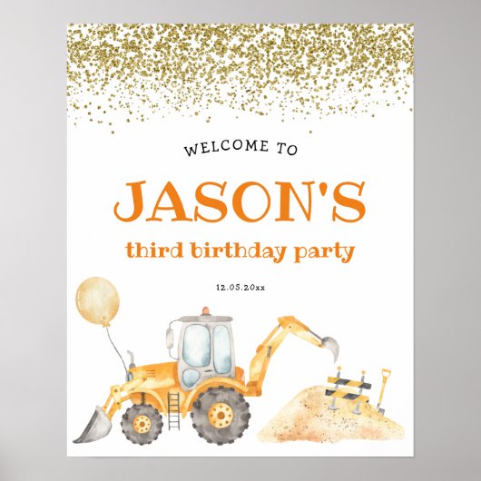 Yellow Construction Birthday Welcome Sign. Poster (Voorkant)