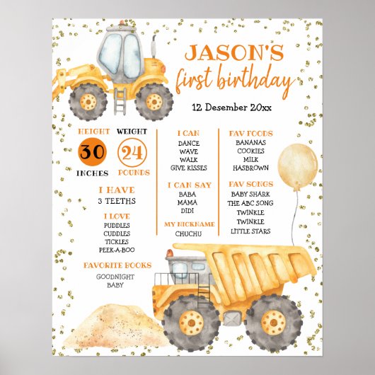 Yellow Construction Truck First Birthday Sign Poster (Voorkant)