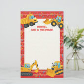 Yellow Construction Trucks Gepersonaliseerd Mitzva Briefpapier (Staand voorkant)