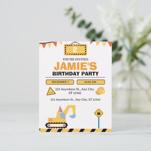 Yellow Cute Construction Truck Boys 2nd Birthday (Staand voorkant)