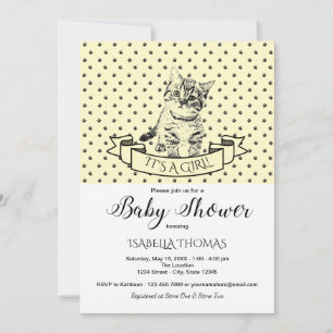 Yellow Cute Kitten Baby shower Invitation Kaart