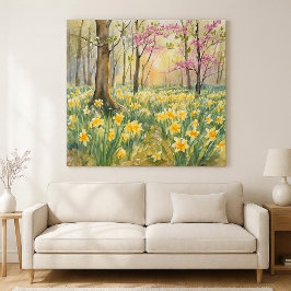 Yellow Daffodils in Spring Forest Watercolor  Canvas Afdruk